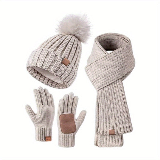 Knitted Winter Hat, Scarf & Gloves Set | Touchscreen-Compatible Gloves | Soft Plush Knit