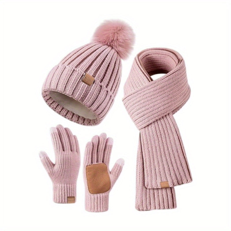 Knitted Winter Hat, Scarf & Gloves Set | Touchscreen-Compatible Gloves | Soft Plush Knit