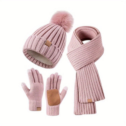 Knitted Winter Hat, Scarf & Gloves Set | Touchscreen-Compatible Gloves | Soft Plush Knit