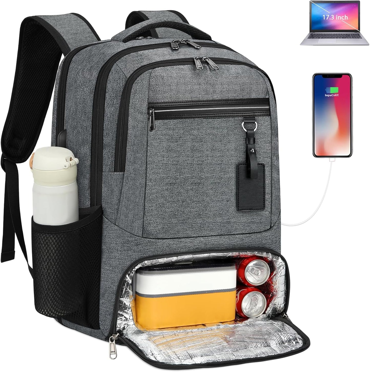 Laptop & Lunch Backpack | USB Charging Port | Fits 17.3 in Laptop | Insulated Lunch Compartment