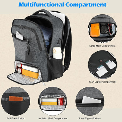 Laptop & Lunch Backpack | USB Charging Port | Fits 17.3 in Laptop | Insulated Lunch Compartment