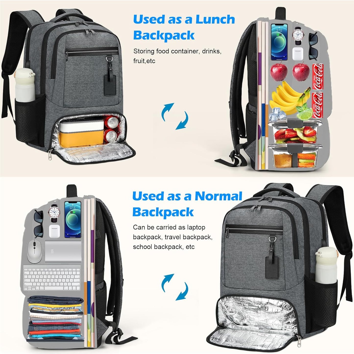 Laptop & Lunch Backpack | USB Charging Port | Fits 17.3 in Laptop | Insulated Lunch Compartment