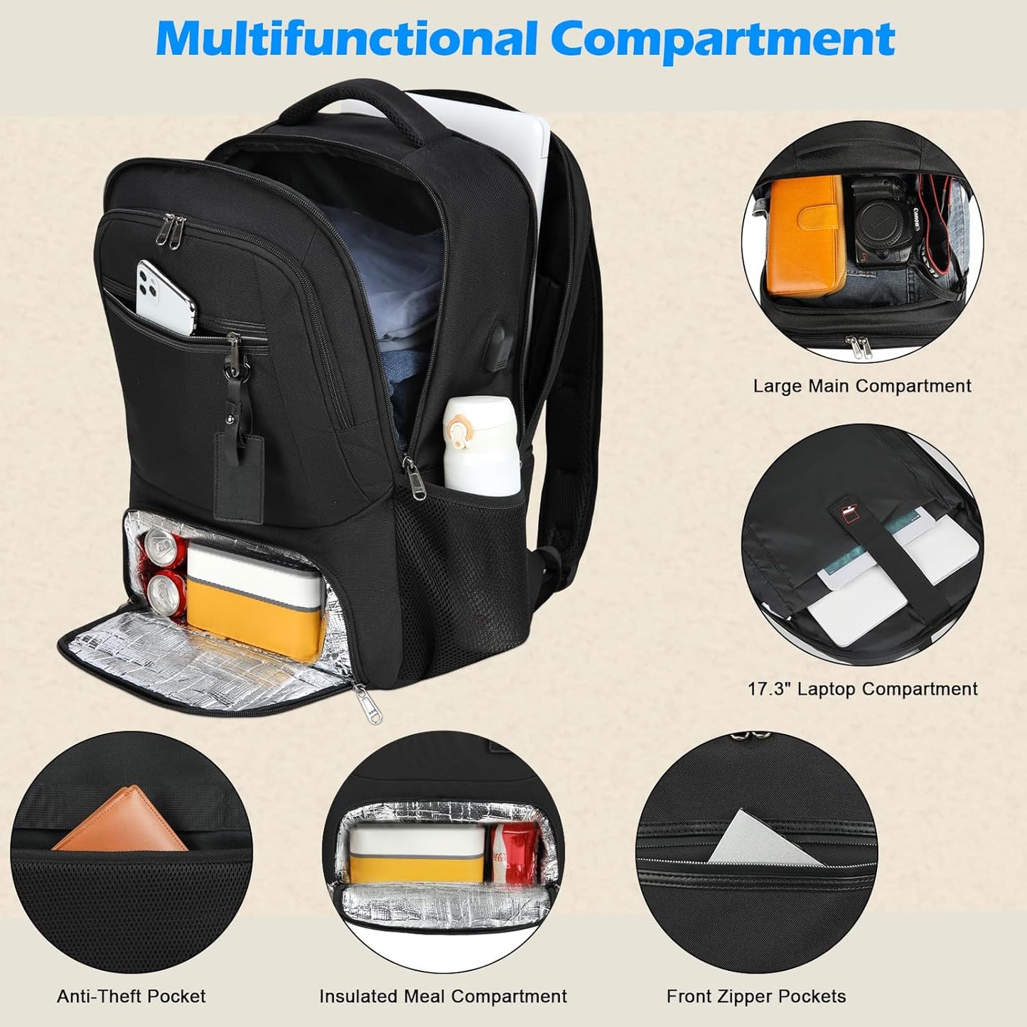 Laptop & Lunch Backpack | USB Charging Port | Fits 17.3 in Laptop | Insulated Lunch Compartment