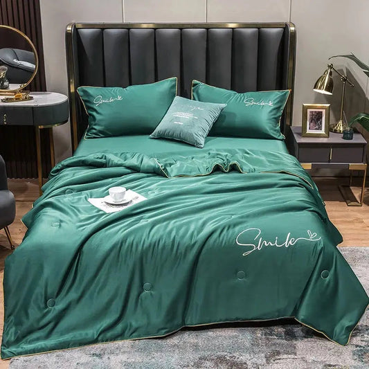 Lightweight Summer Quilt Set | Washed Silk Embroidered Design | Cooling Comfort