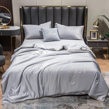 Lightweight Summer Quilt Set | Washed Silk Embroidered Design | Cooling Comfort