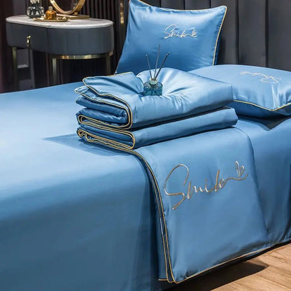 Lightweight Summer Quilt Set | Washed Silk Embroidered Design | Cooling Comfort