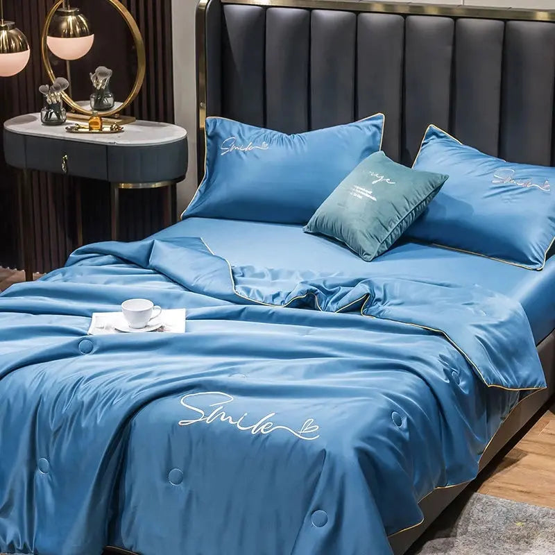 Lightweight Summer Quilt Set | Washed Silk Embroidered Design | Cooling Comfort