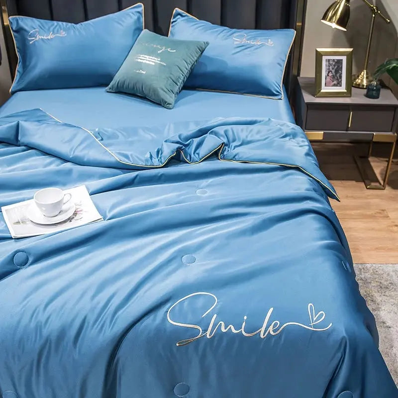 Lightweight Summer Quilt Set | Washed Silk Embroidered Design | Cooling Comfort
