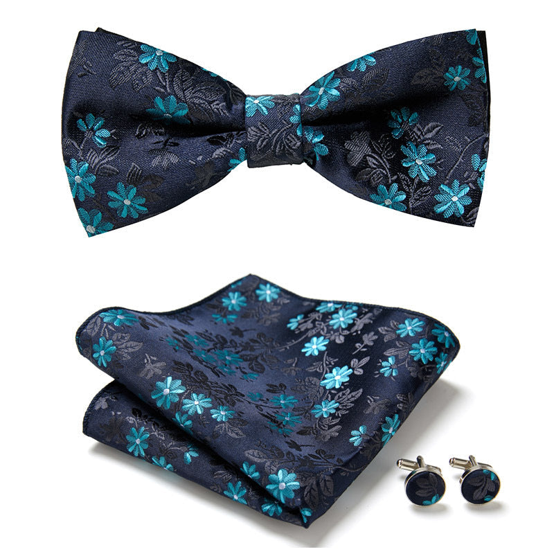 Men's Bow Tie Set | Floral Print Polyester | Includes Pocket Square & Cufflinks | Formal Wear