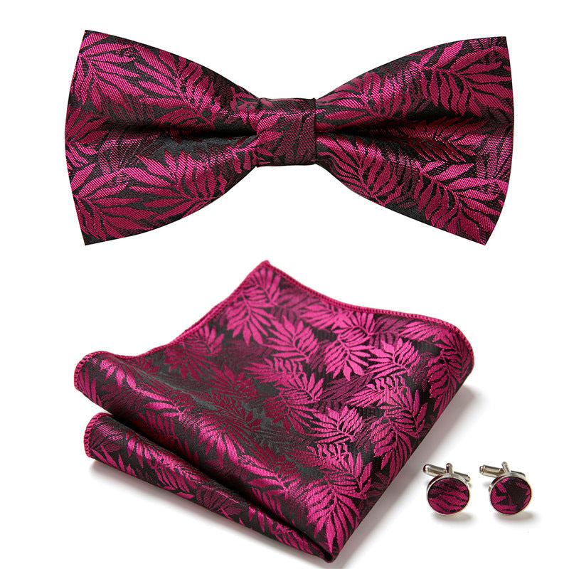 Men's Bow Tie Set | Floral Print Polyester | Includes Pocket Square & Cufflinks | Formal Wear
