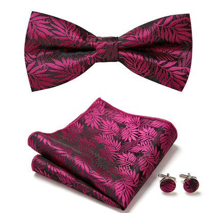 Men's Bow Tie Set | Floral Print Polyester | Includes Pocket Square & Cufflinks | Formal Wear