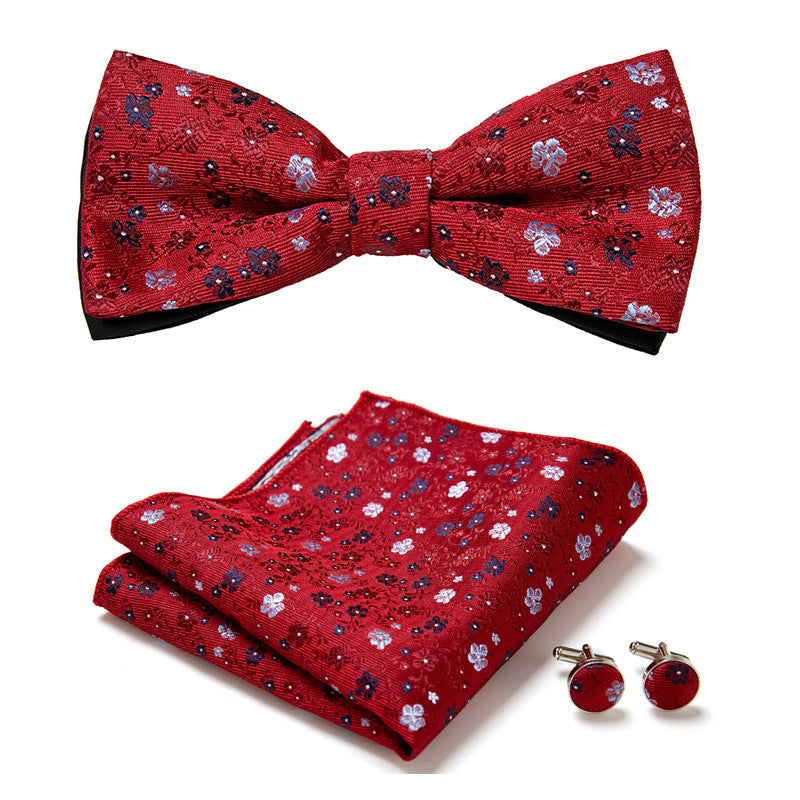 Men's Bow Tie Set | Floral Print Polyester | Includes Pocket Square & Cufflinks | Formal Wear
