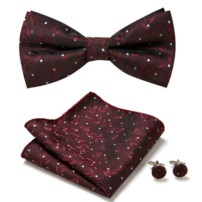 Men's Bow Tie Set | Floral Print Polyester | Includes Pocket Square & Cufflinks | Formal Wear