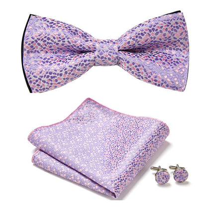 Men's Bow Tie Set | Floral Print Polyester | Includes Pocket Square & Cufflinks | Formal Wear