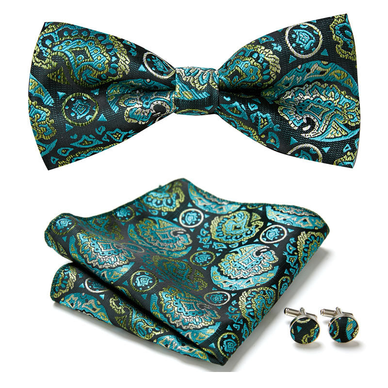 Men's Bow Tie Set | Floral Print Polyester | Includes Pocket Square & Cufflinks | Formal Wear