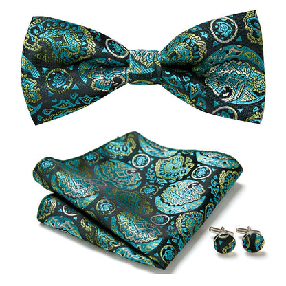 Men's Bow Tie Set | Floral Print Polyester | Includes Pocket Square & Cufflinks | Formal Wear