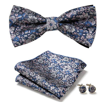 Men's Bow Tie Set | Floral Print Polyester | Includes Pocket Square & Cufflinks | Formal Wear