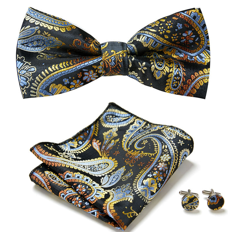 Men's Bow Tie Set | Floral Print Polyester | Includes Pocket Square & Cufflinks | Formal Wear