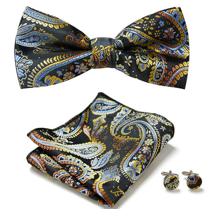 Men's Bow Tie Set | Floral Print Polyester | Includes Pocket Square & Cufflinks | Formal Wear