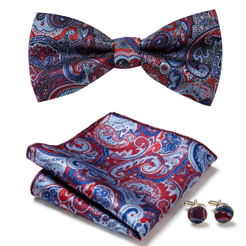 Men's Bow Tie Set | Floral Print Polyester | Includes Pocket Square & Cufflinks | Formal Wear