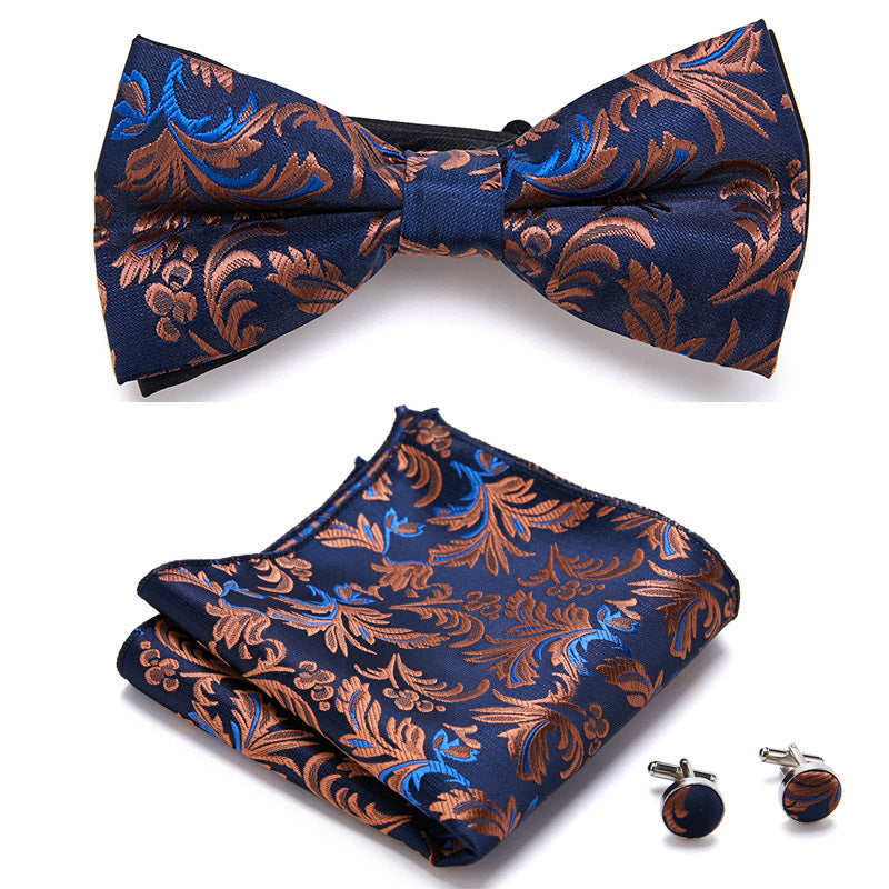 Men's Bow Tie Set | Floral Print Polyester | Includes Pocket Square & Cufflinks | Formal Wear