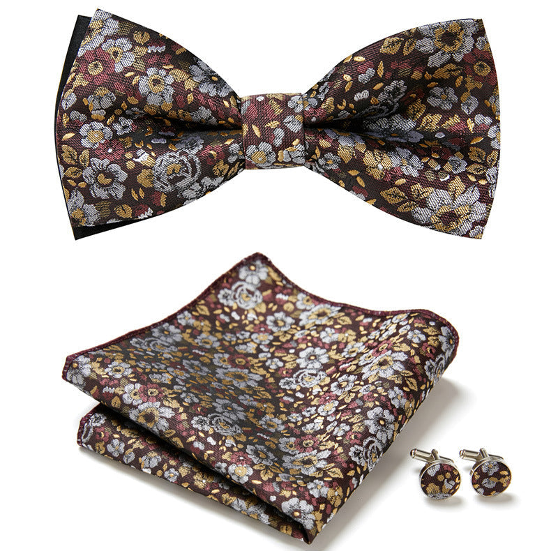 Men's Bow Tie Set | Floral Print Polyester | Includes Pocket Square & Cufflinks | Formal Wear