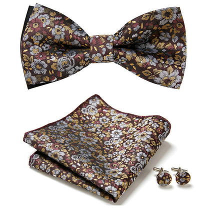 Men's Bow Tie Set | Floral Print Polyester | Includes Pocket Square & Cufflinks | Formal Wear