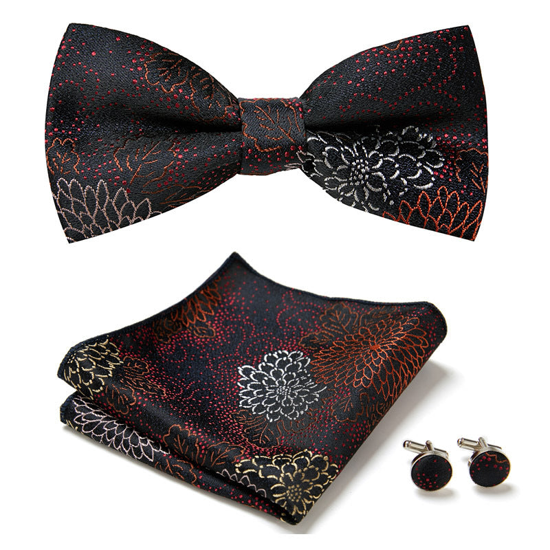 Men's Bow Tie Set | Floral Print Polyester | Includes Pocket Square & Cufflinks | Formal Wear