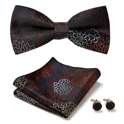 Men's Bow Tie Set | Floral Print Polyester | Includes Pocket Square & Cufflinks | Formal Wear