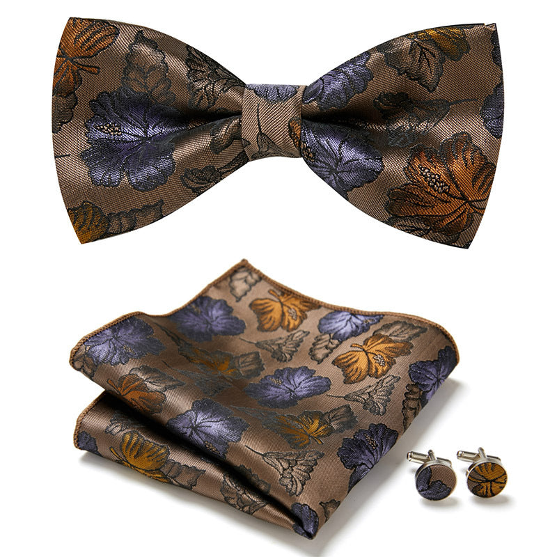 Men's Bow Tie Set | Floral Print Polyester | Includes Pocket Square & Cufflinks | Formal Wear