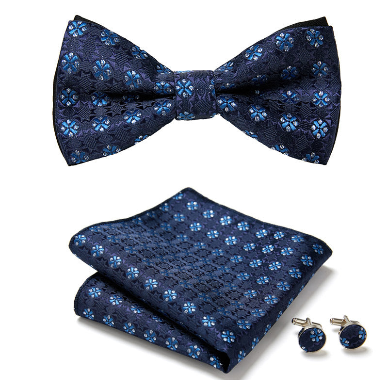 Men's Bow Tie Set | Floral Print Polyester | Includes Pocket Square & Cufflinks | Formal Wear