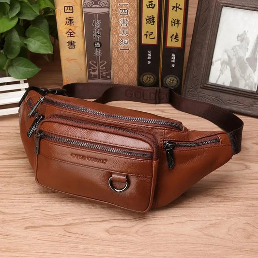 Men's Waist Bag | Genuine Cowhide Leather | Large Capacity & Multi-Pocket | Durable Design