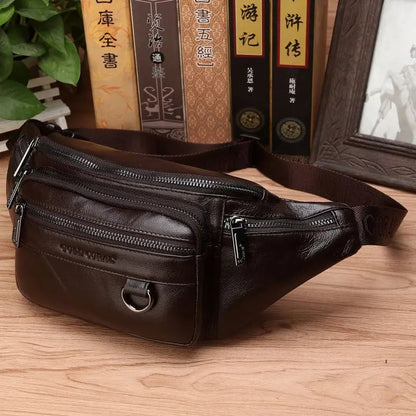 Men's Waist Bag | Genuine Cowhide Leather | Large Capacity & Multi-Pocket | Durable Design