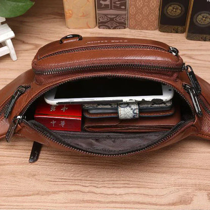 Men's Waist Bag | Genuine Cowhide Leather | Large Capacity & Multi-Pocket | Durable Design