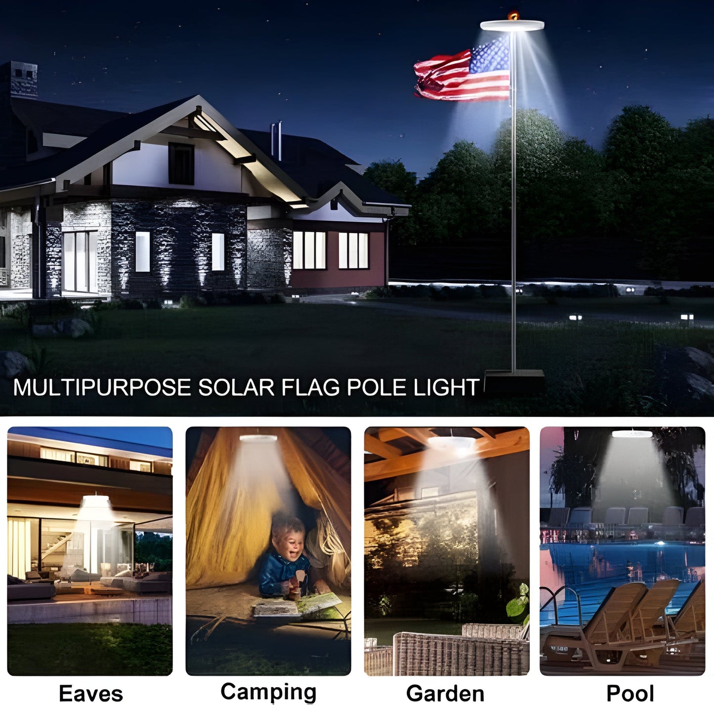Outdoor Flagpole Light | Solar-Powered Disc Topper | 700 Lumens Brightness | Weatherproof