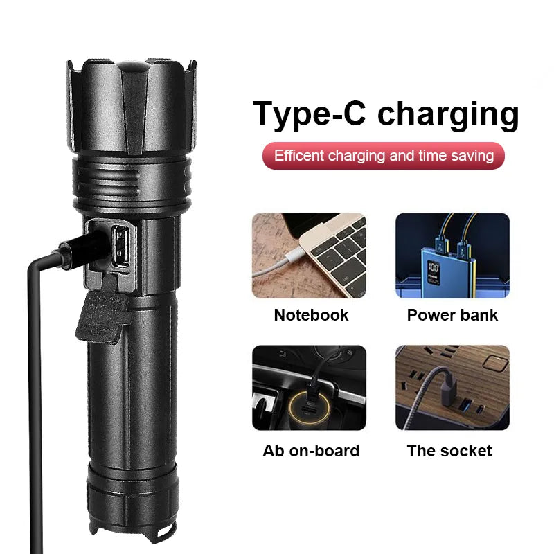 Outdoor LED Flashlight | Adjustable Zoom Beam | USB-C Rechargeable | Waterproof for Camping