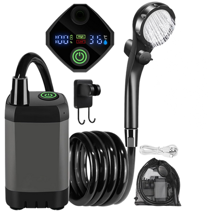 Outdoor Shower Pump | Portable Rechargeable with LED Display | Filtered Head & Adjustable Modes