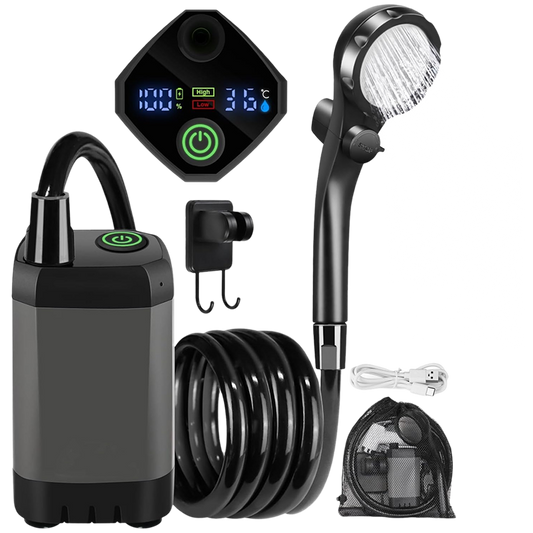 Outdoor Shower Pump | Portable Rechargeable with LED Display | Filtered Head & Adjustable Modes