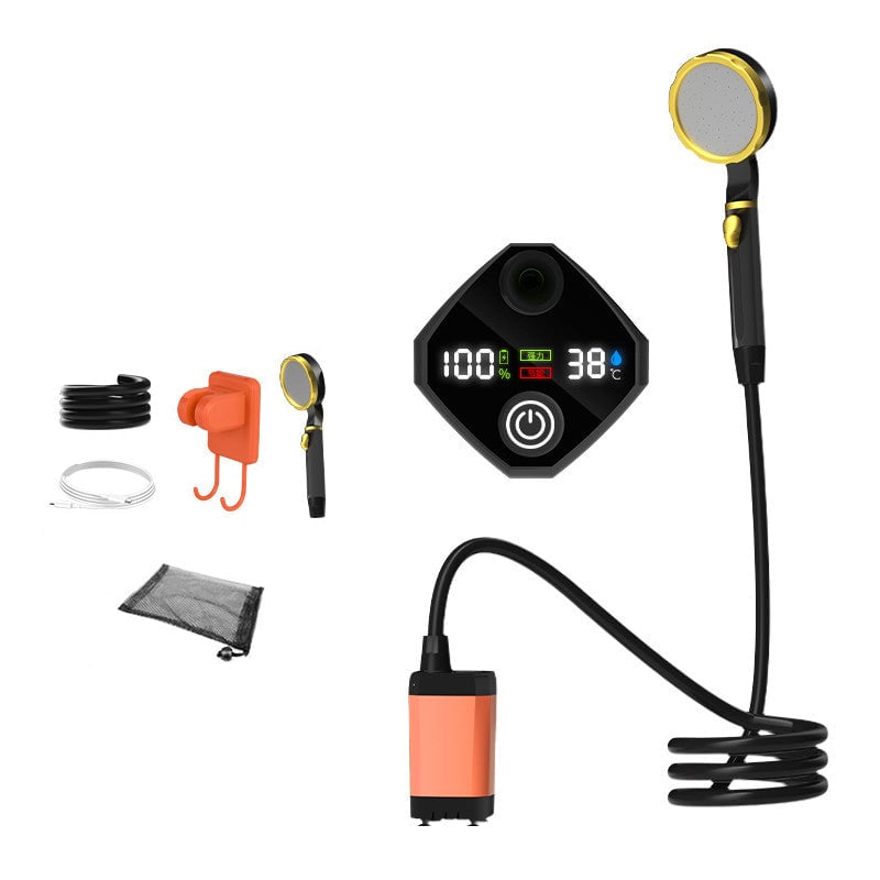 Outdoor Shower Pump | Portable Rechargeable with LED Display | Filtered Head & Adjustable Modes