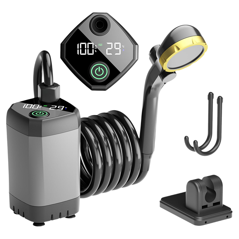 Outdoor Shower Pump | Portable Rechargeable with LED Display | Filtered Head & Adjustable Modes