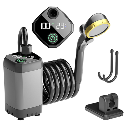 Outdoor Shower Pump | Portable Rechargeable with LED Display | Filtered Head & Adjustable Modes