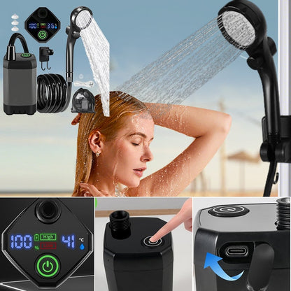 Outdoor Shower Pump | Portable Rechargeable with LED Display | Filtered Head & Adjustable Modes