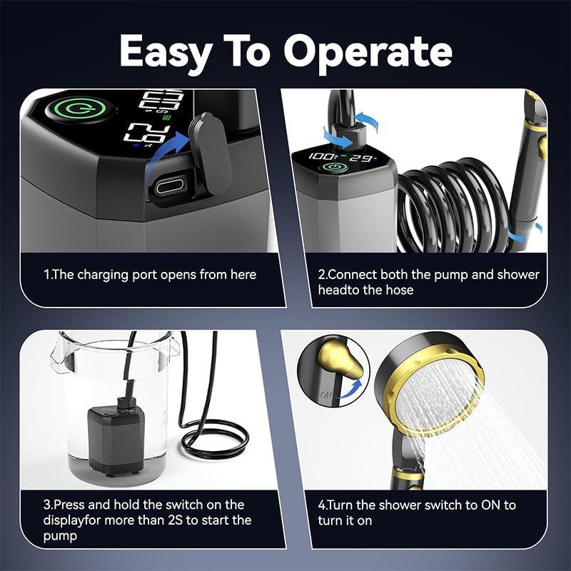 Outdoor Shower Pump | Portable Rechargeable with LED Display | Filtered Head & Adjustable Modes