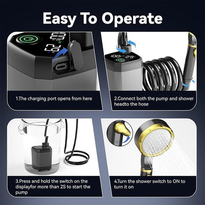 Outdoor Shower Pump | Portable Rechargeable with LED Display | Filtered Head & Adjustable Modes