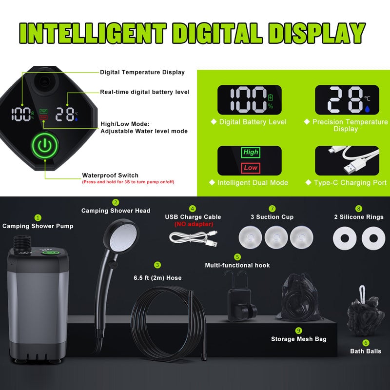 Outdoor Shower Pump | Portable Rechargeable with LED Display | Filtered Head & Adjustable Modes