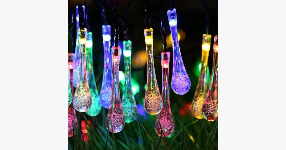 Outdoor String Lights | Solar-Powered Raindrop Design | 21 ft | Waterproof