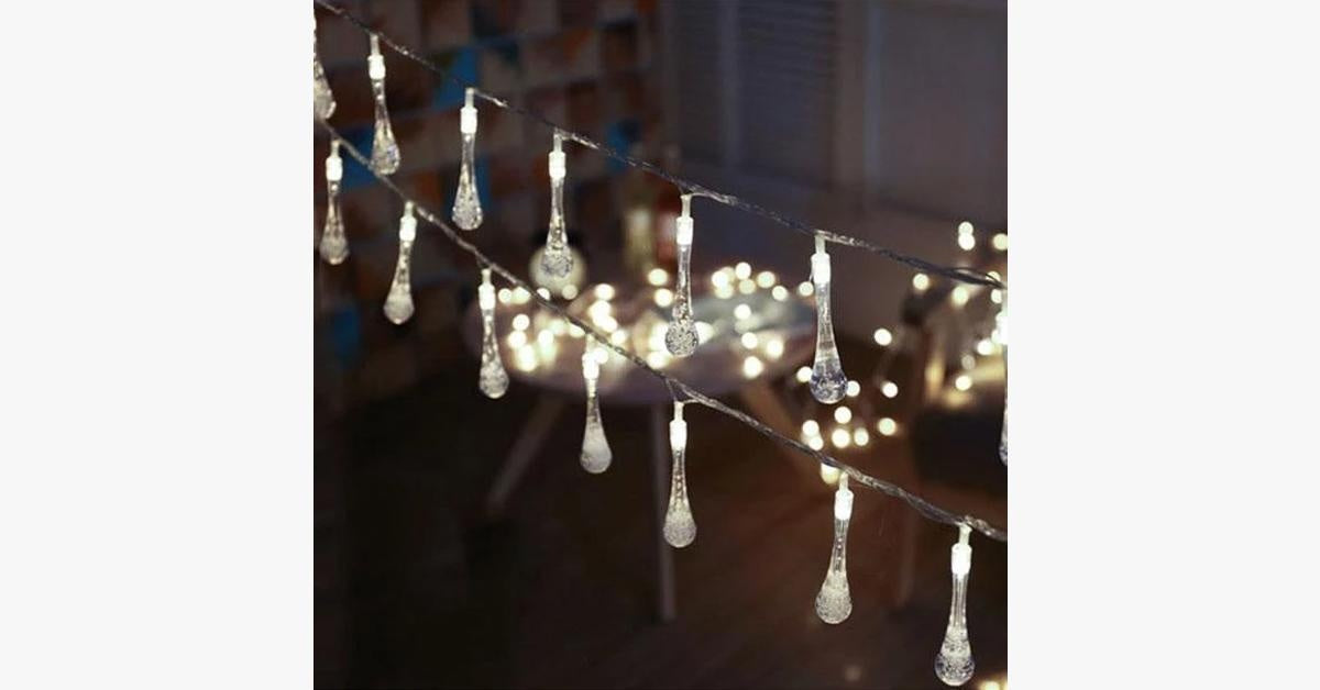 Outdoor String Lights | Solar-Powered Raindrop Design | 21 ft | Waterproof