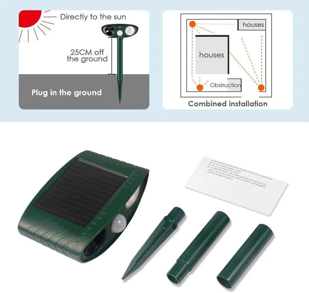 Outdoor Ultrasonic Chipmunk Repeller | Solar-Powered Motion Sensor | Up to 2,425 sq ft Coverage