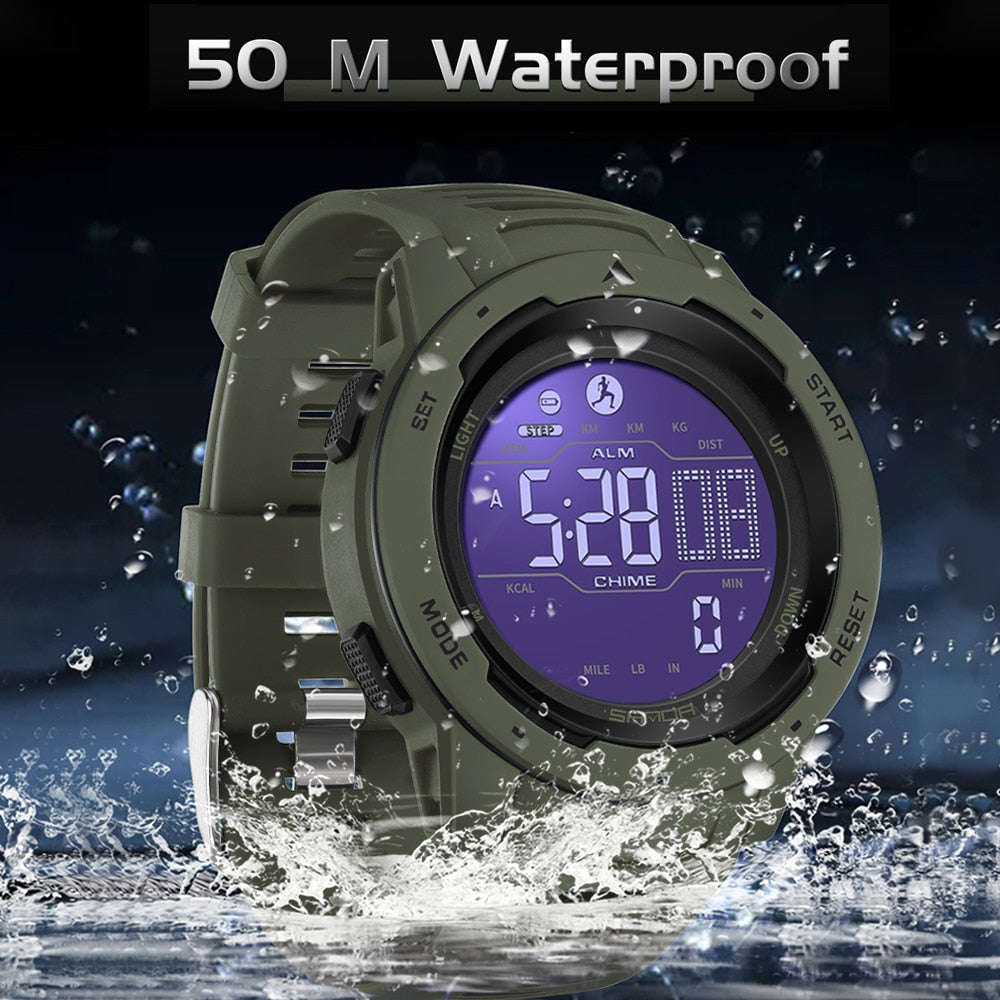 Pedometer Watch | Military-Style Waterproof | 45mm Dial & Rubber Strap | Durable Design