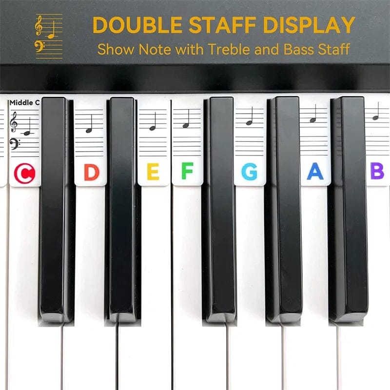 Piano Key Labels | Removable Silicone Note Strips | Double-Staff Notes, 88-Key Compatible